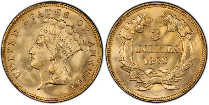 1888 Three-Dollar Gold Piece. MS-66+ (PCGS).
